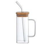 Square Glass Cup with Lid Straw Handle